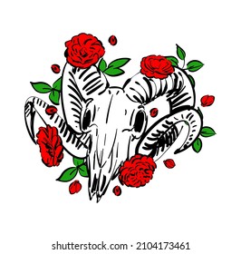 Goat skull   flower  Goat head skeleton And rose  hand drawing Vector illustration