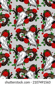 Goat skull and flower pattern seamless. Goat head skeleton And rose background. hand drawing Vector texture