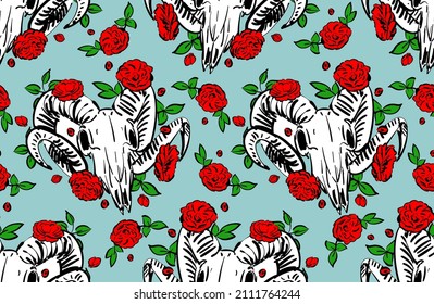 Goat skull and flower pattern seamless. Goat head skeleton And rose background. hand drawing Vector texture