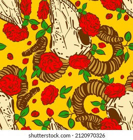 Goat skull and flower pattern seamless. Goat head skeleton And rose background. hand drawing Vector texture