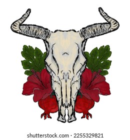 goat skull with horns and flowers