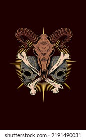 Goat skull and human skulls vector illustration