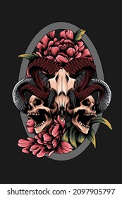 Goat skull with human skull vector illustration
