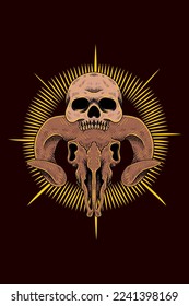 Goat skull with human skull vector illustration