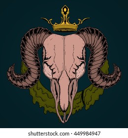 Goat skull illustration with crown on dark blue background. hand draw.