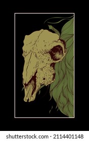 Goat skull with leaf artwork illustration