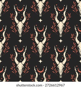 Goat skull and plants pattern seamless. Hand drawing vector texture