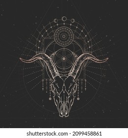 Goat skull and Sacred geometric symbol on black vintage background. Abstract mystic sign. Gold linear shape.