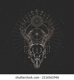 Goat skull and Sacred geometric symbol on black vintage background. Abstract mystic sign. Gold linear shape. F