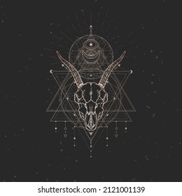 Goat skull and Sacred geometric symbol on black vintage background. Abstract mystic sign. Gold linear shape.