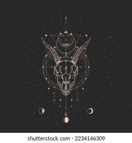 Goat skull and Sacred geometric symbol on black vintage background. Abstract mystic sign. Gold linear shape. 