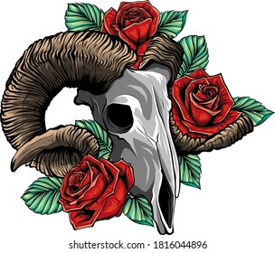 goat skull vector illustration. goat devilish magical symbol and Flowers peonies and roses