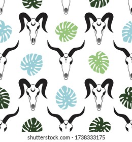 goat skulls with green and blue monstera leaves plant on a white background seamless pattern demon satan vector