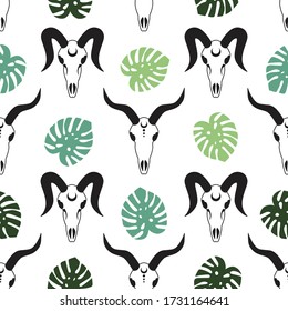 goat skulls with green monstera plant on a white background seamless pattern demon satan vector