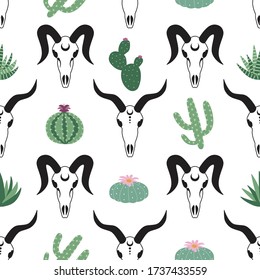 goat skulls with green plants cactus peyote on a white background seamless pattern boho demon satan vector