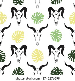 goat skulls with green and yellow monstera leaves plant on a white background seamless pattern demon satan vector