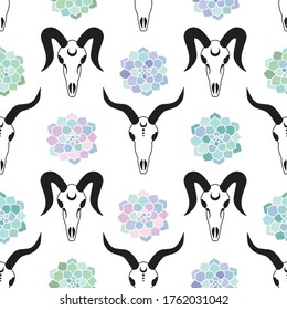 goat skulls with house plants pastel succulent scandinavian style boho on a white background seamless pattern demon satan vector