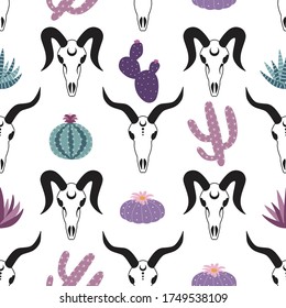 goat skulls with purple, blue, pink plants cactus peyote on a white background seamless pattern boho demon satan vector