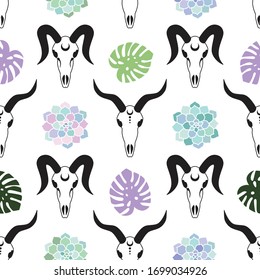 goat skulls with succulent and purple, green monstera plant on a white background seamless pattern demon satan vector