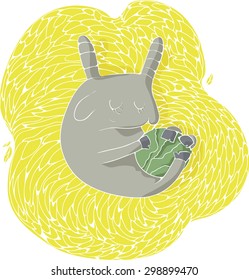 Goat sleeping on the leaves with cabbage, vector illustration, isolated on white.