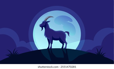 A goat stand at hill with moon at night for your background inspiration animal or wallpaper