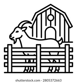 Goat standing behind fence in front of barn farm animal scene icon