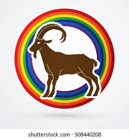 Goat standing designed on line rainbows background graphic vector.