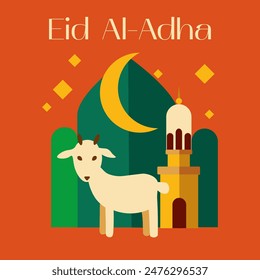 A goat is standing in front of a building with a crescent moon in the background. The image is titled Eid Al Adha