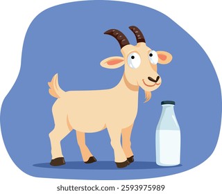 
Goat Standing Next to a Bottle of Milk Vector Cartoon. Good and nutritious organic milk from a  farm animal
