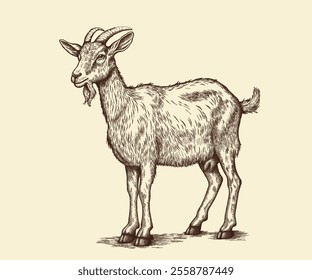 Goat standing on the ground. Vector illustration in vintage graphic style. Vintage drawing of farm animal. Isolated