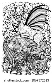 Goat symbol with horn of abundance, hell fire and diabolic sign - pentagram. Fantasy vector illustration for t-shirt, print, card, tattoo design. Zodiac animals signs of eastern calendar