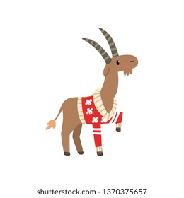 Goat symbol of New Year, cute animal of Chinese horoscope in Santa Claus costume vector Illustration on a white background