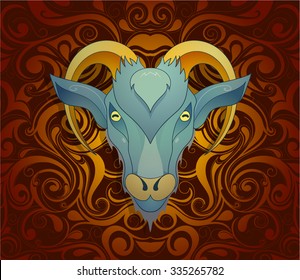 Goat as symbol for year 2027 by Chinese traditional horoscope with orient ornament on backdrop