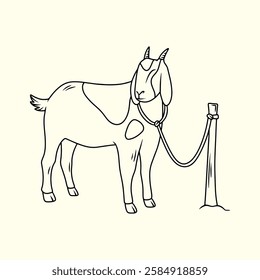 Goat Tethered to a Rope. Thin Line Illustration.