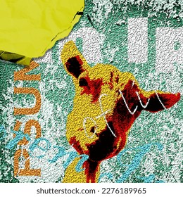 Goat and text and clipping on textured background. contemporary collage art