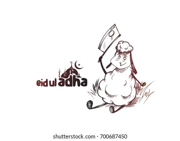 Goat thinking about his Sacrifice Feast "eid-al-adha". Hand drawn vector illustration.