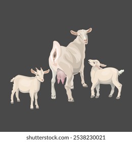 A goat with two kids. Farm animals. Vector illustration isolated on a dark background