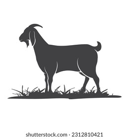 Goat vector icon silhouette. Goat side view in the grass. Farm goat animal logo design. Vector illustration. Vector illustration