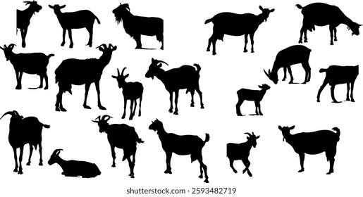 Goat Vector Illustration Collection - A stunning black and white collection of various goat silhouettes