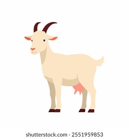 Goat vector illustration. A white goat cartoon character illustration. cute goat cartoon clipart, animal in flat style. Farm animals concept, rural farming. Cute Goat vector flat illustration isolated