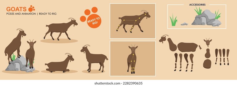 Goat vector ready to rig for animation. Black mountain goat collection, multiple poses, cute character.	
