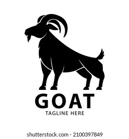 Goat vector silhouette logo. Isolated black silhouette goat with text lettering on white background.