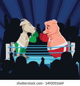 Goat vs Pig Fighting in the Boxing Ring