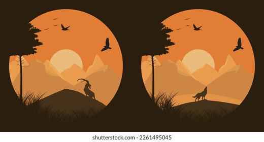 Cabra y lobo en el paisaje de la puesta de sol. Dos ilustraciones vectoriales.
