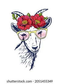 Goat with yellow sunglasses and flowers of peonies. Hand drawn vector illustration. Funny goat.