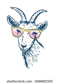 Goat with yellow sunglasses. Hand drawn vector illustration. Funny goat.