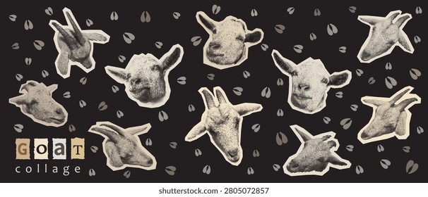 Goat zine collage vector set. Grunge halftone animal head paper cutout element collection with hoofprint pattern background for trendy punk poster.
