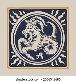 Goat zodiac medieval-style illustration. Dim colored square emblem perfect for T-shirts, retro manuscripts, and invitations.