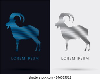 Goat,Big horn,standing,designed using silver and black geometric,logo, symbol, icon, graphic, vector.