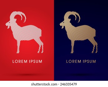 Goat,Big horn,standing,designed using silver and gold circle,logo, symbol, icon, graphic, vector.